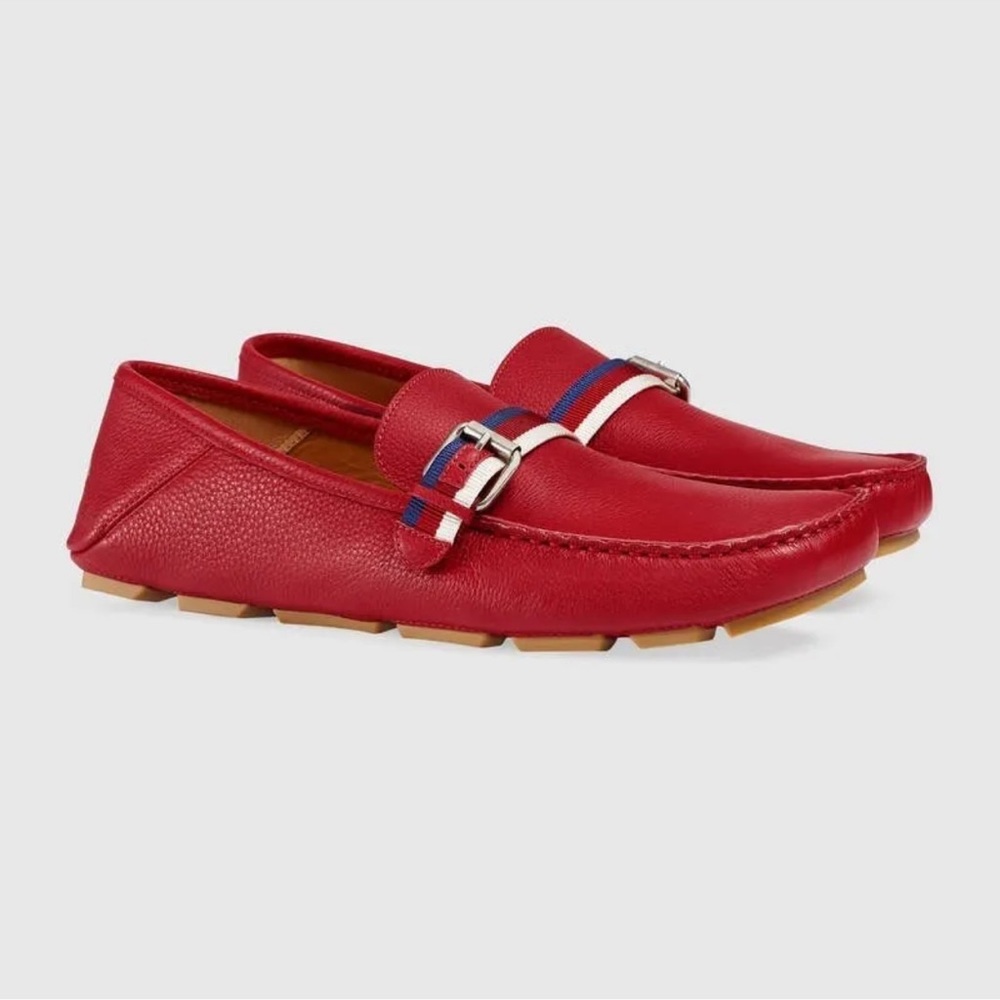 NIB Gucci Sylvie Textured Leather Grosgrain Belted Strap Bee Drivers 8.5EU/9.5US